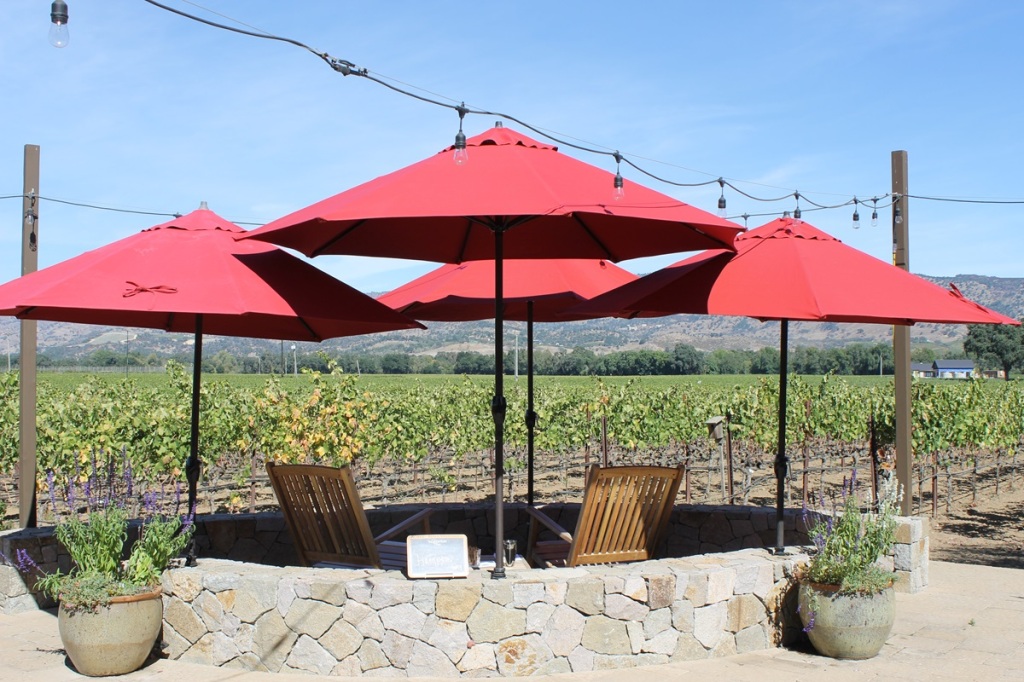 four red umbrellas shade two seats facing a vineyard