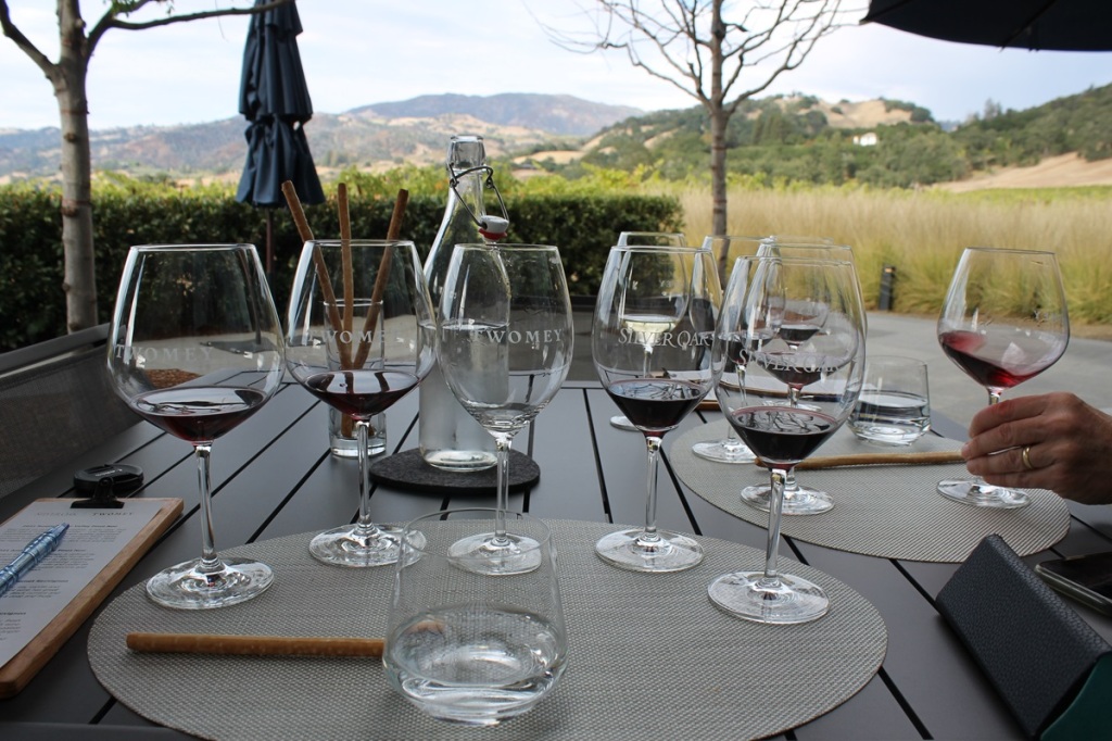 five wine glasses with small pours in the foreground; mountains in the background
