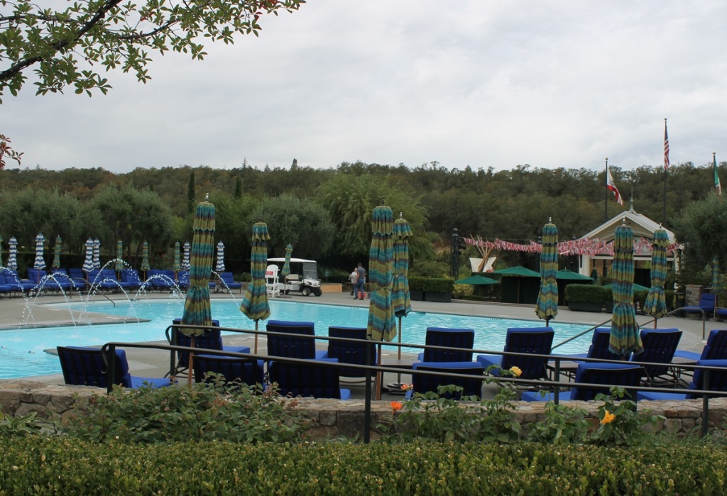 outdoor swimming pool, surrounded by seats and umbrellas